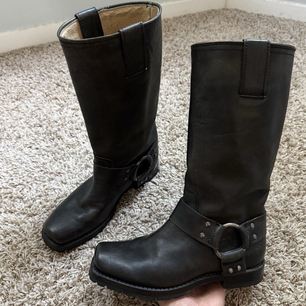 VTG Frye Harness Boots Women Size 5.5 Black Leather Biker Moto Square Toe Grunge